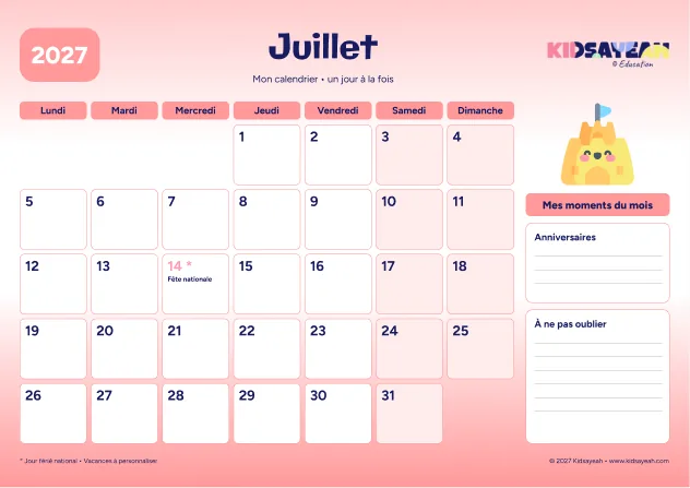 Juillet 2027 : calendrier à imprimer avec grille hebdomadaire et moments du mois