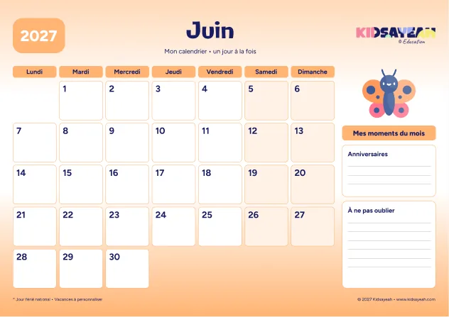 Juin 2027 : calendrier à imprimer avec grille hebdomadaire et moments du mois