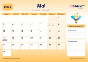 Mai 2027 : calendrier à imprimer avec grille hebdomadaire et moments du mois