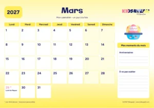 Mars 2027 : calendrier à imprimer avec grille hebdomadaire et moments du mois