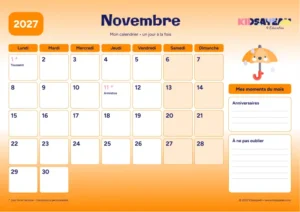 Novembre 2027 : calendrier à imprimer avec grille hebdomadaire et moments du mois