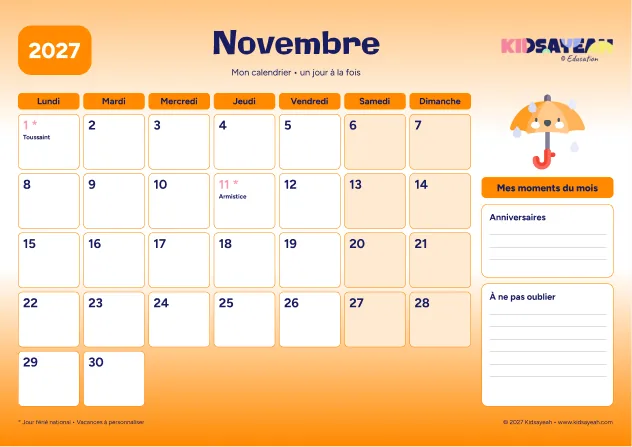 Novembre 2027 : calendrier à imprimer avec grille hebdomadaire et moments du mois