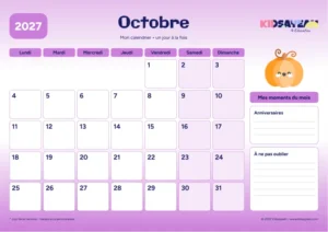 Octobre 2027 : calendrier à imprimer avec grille hebdomadaire et moments du mois