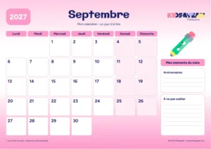Septembre 2027 : calendrier à imprimer avec grille hebdomadaire et moments du mois