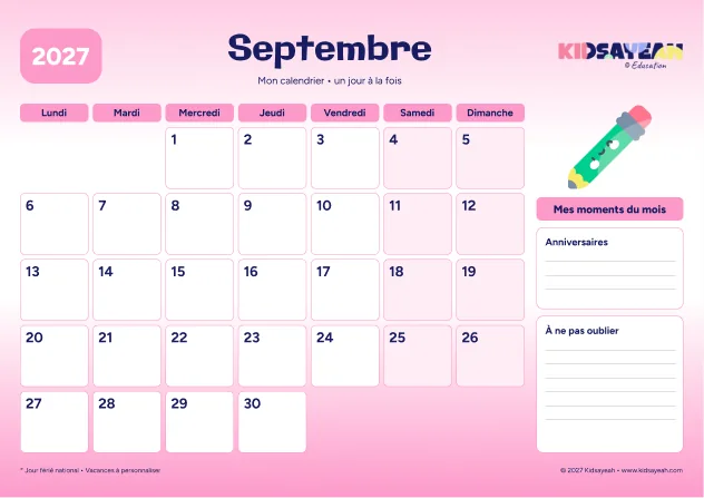Septembre 2027 : calendrier à imprimer avec grille hebdomadaire et moments du mois