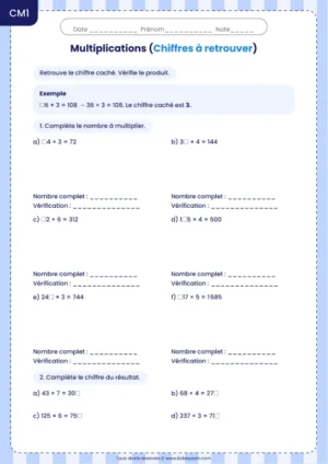 Retrouver un chiffre caché dans une multiplication au CM1 : fiche Chiffres à retrouver