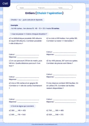 Choisir entre addition et soustraction dans un problème au CM1 : fiche Choisir l’opération