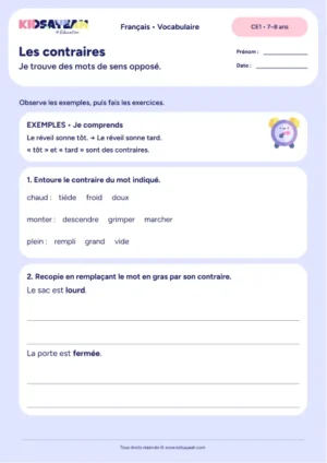 Choisir des contraires et transformer lourd et fermé dans une phrase au CE1 — fiche à imprimer