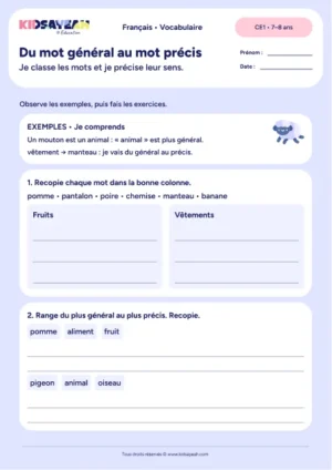 Classer fruits et vêtements puis aller du mot général au mot précis au CE1 — fiche à imprimer