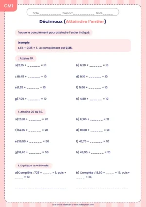 Trouver le complément décimal pour atteindre un entier au CM1 : fiche Atteindre l’entier