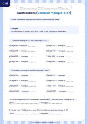 Trouver ce qui manque pour atteindre 1 000 ou 2 000 au CM1 : fiche Combien manque-t-il ?