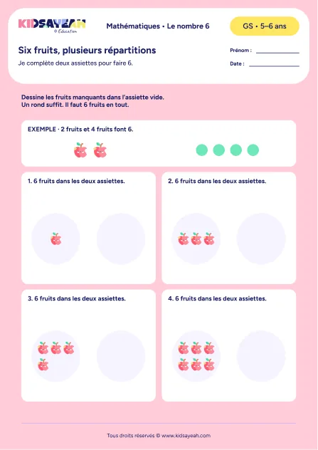 Compléter deux assiettes pour avoir 6 fruits en GS — fiche à imprimer