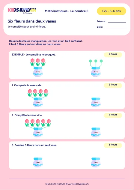 Compléter deux vases pour obtenir 6 fleurs en GS — fiche à imprimer