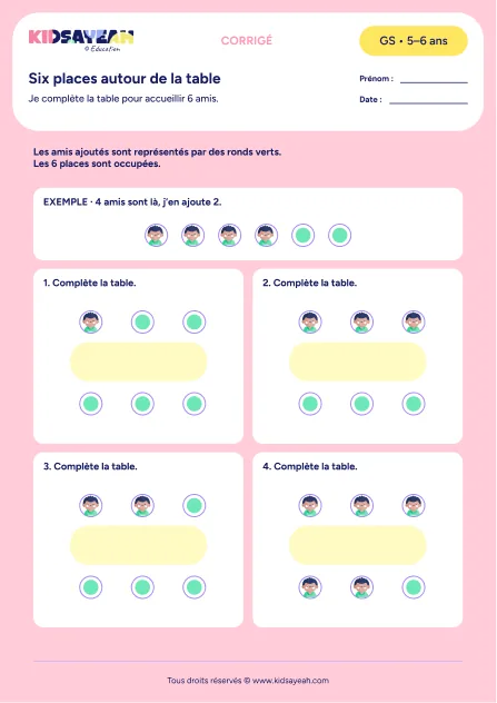 Compléter les places d’une table pour 6 amis en GS — corrigé