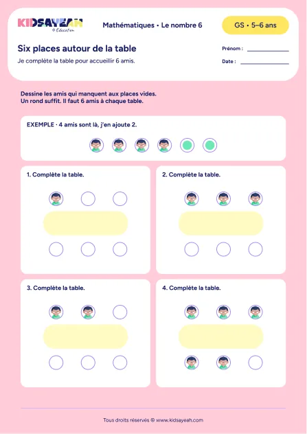 Compléter les places d’une table pour 6 amis en GS — fiche à imprimer