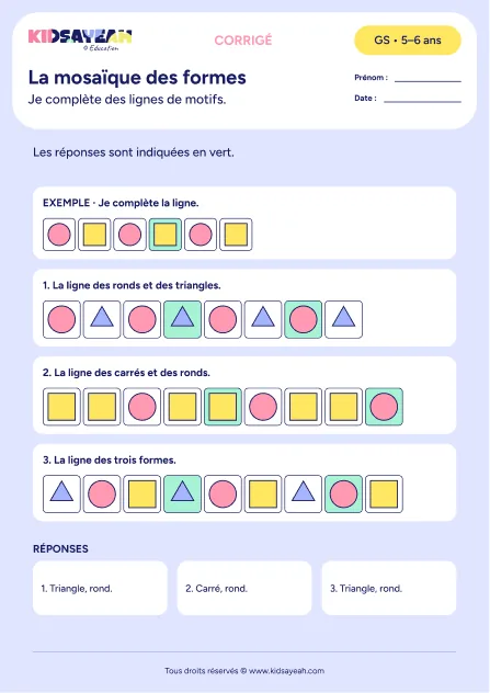 mosaïque de motifs et de formes en GS — corrigé