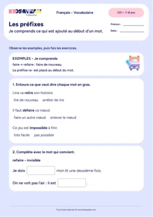 Comprendre relire défaire impossible et invisible avec les préfixes au CE1 — fiche à imprimer