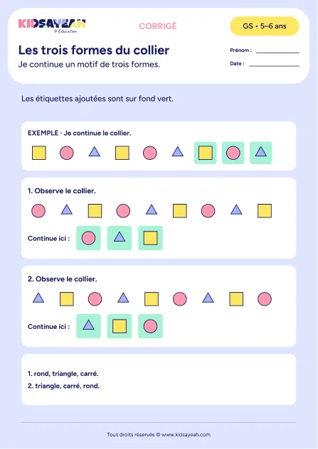 collier de trois formes différentes en GS — corrigé