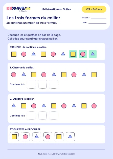collier de trois formes différentes en GS — fiche enfant