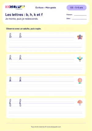 lettres b h k f cursive GS — aperçu de la fiche Les lettres : b, h, k et f