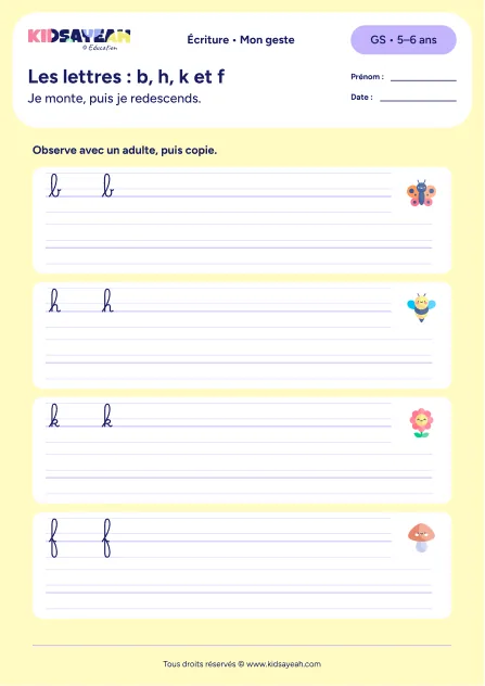 lettres b h k f cursive GS — aperçu de la fiche Les lettres : b, h, k et f