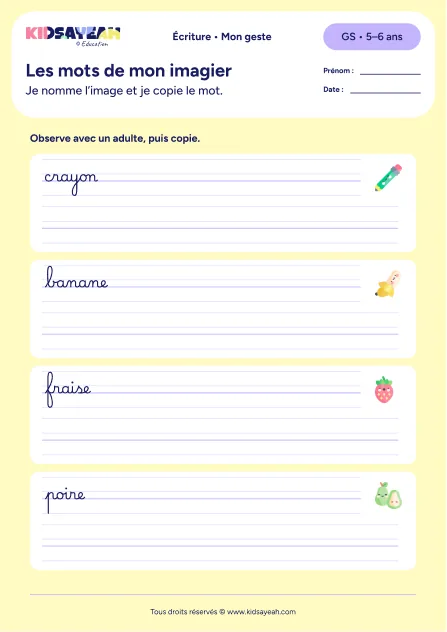 copier crayon banane fraise poire GS — aperçu de la fiche Les mots de mon imagier