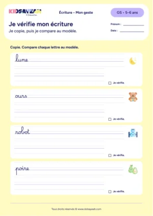 vérifier une copie de mots en GS — aperçu de la fiche Je vérifie mon écriture