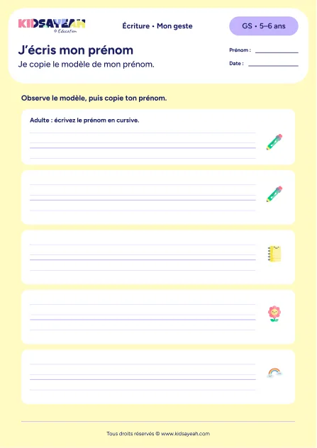 écrire son prénom en cursive GS avec modèle — aperçu de la fiche J’écris mon prénom