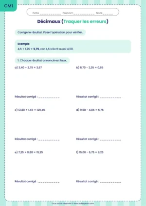 Corriger des erreurs d’addition et soustraction décimales au CM1 : fiche Traquer les erreurs