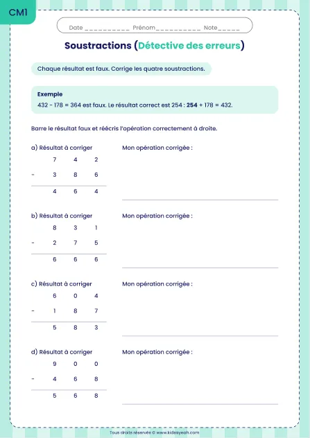 Corriger des erreurs dans des soustractions posées au CM1 : fiche Détective des erreurs