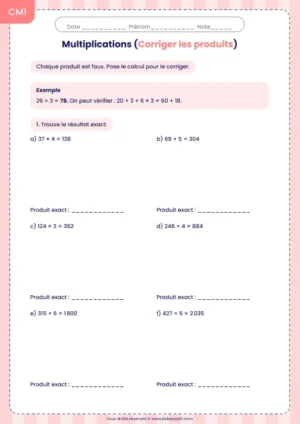 Corriger six produits faux au CM1 : fiche Corriger les produits
