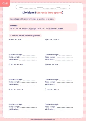 Corriger une division dont le reste est trop grand au CM1 : fiche Un reste trop grand