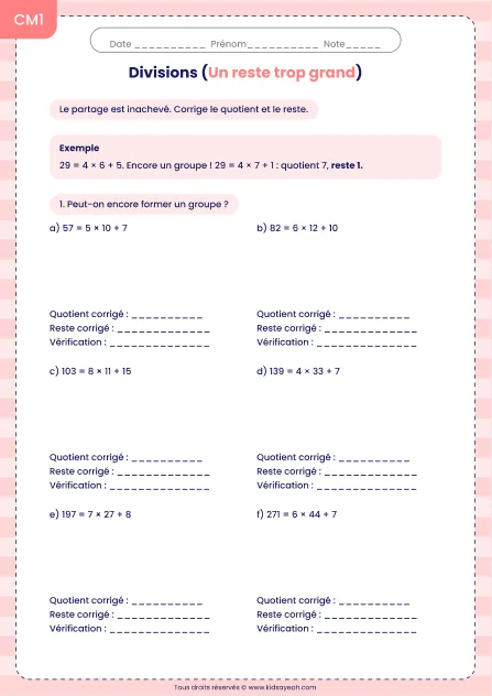 Corriger une division dont le reste est trop grand au CM1 : fiche Un reste trop grand