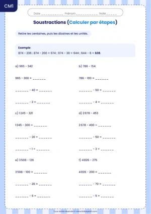 Décomposer un nombre pour soustraire par étapes au CM1 : fiche Calculer par étapes