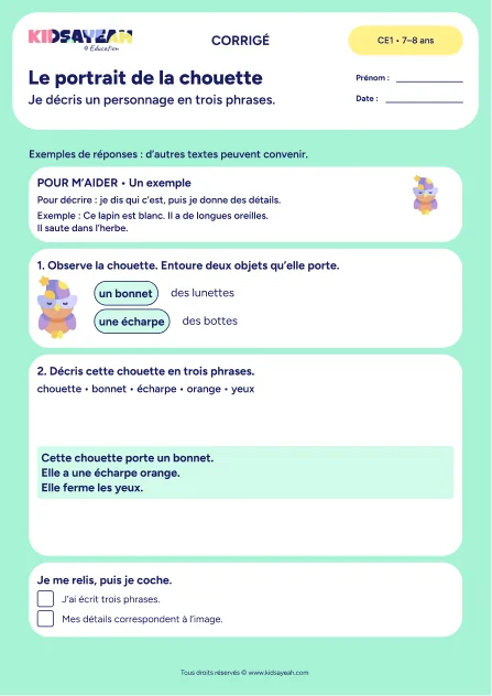 Décrire la chouette au bonnet en trois phrases au CE1 — exemples corrigés