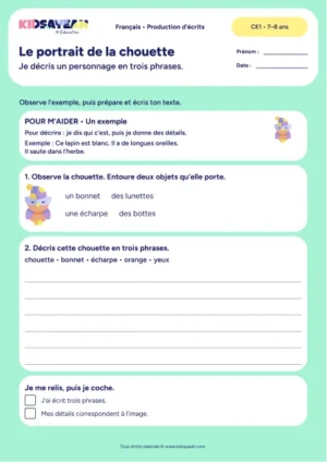Décrire la chouette au bonnet en trois phrases au CE1 — fiche de production d’écrits à imprimer