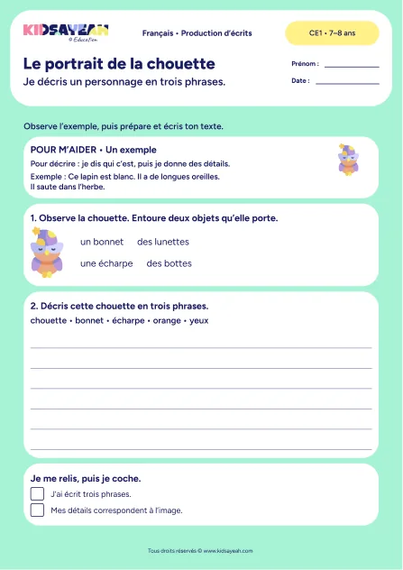 Décrire la chouette au bonnet en trois phrases au CE1 — fiche de production d’écrits à imprimer