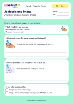 Décrire un chien et un chat en écrivant qui fait quoi au CE1 — fiche de production d’écrits à imprimer