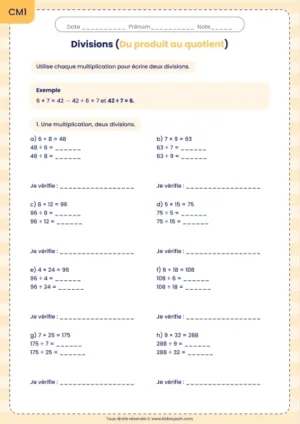 Écrire deux divisions à partir d’une multiplication au CM1 : fiche Du produit au quotient