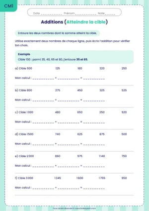 Trouver deux nombres pour atteindre une somme cible au CM1 : fiche Atteindre la cible