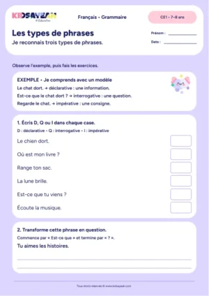 Distinguer les types de phrases au CE1 — fiche de grammaire CE1 à imprimer