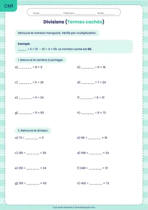 Retrouver le dividende ou le diviseur manquant au CM1 : fiche Termes cachés