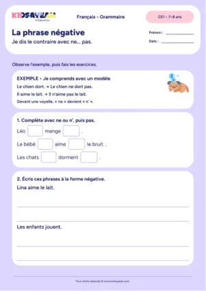 Écrire des phrases négatives avec ne et pas au CE1 — fiche de grammaire CE1 à imprimer