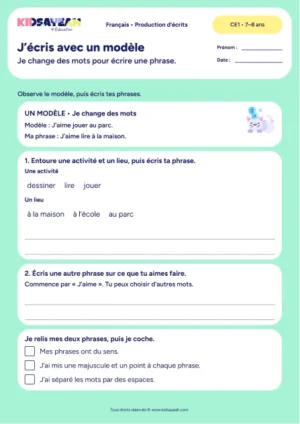 Écrire deux phrases avec le modèle J’aime au CE1 — fiche de production d’écrits à imprimer
