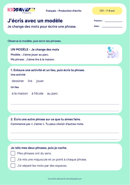 Écrire deux phrases avec le modèle J’aime au CE1 — fiche de production d’écrits à imprimer