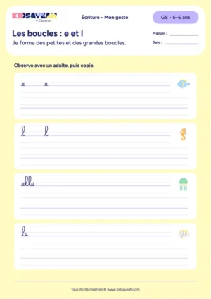 écrire e l elle le en cursive GS — aperçu de la fiche Les boucles : e et l