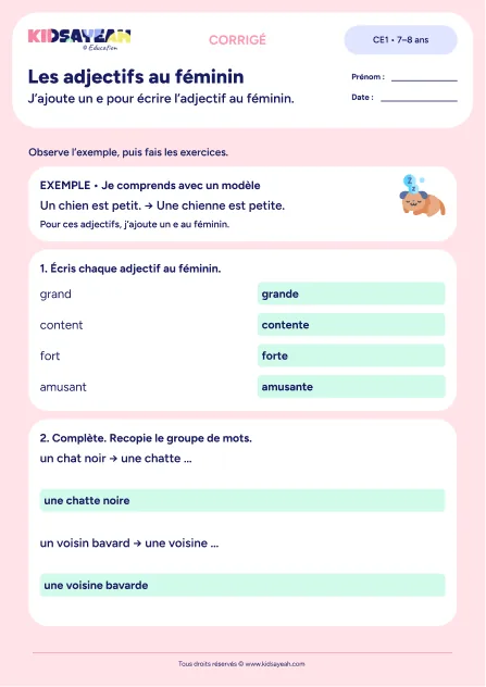 Écrire les adjectifs au féminin avec e au CE1 — corrigé de la fiche