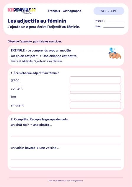 Écrire les adjectifs au féminin avec e au CE1 — exercices à imprimer