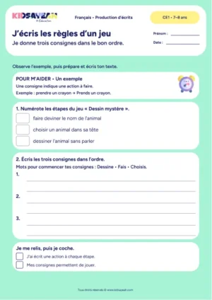 Écrire les trois consignes du jeu Dessin mystère au CE1 — fiche de production d’écrits à imprimer