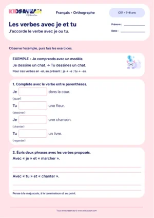 Écrire les verbes en er avec je et tu au présent au CE1 — exercices à imprimer
